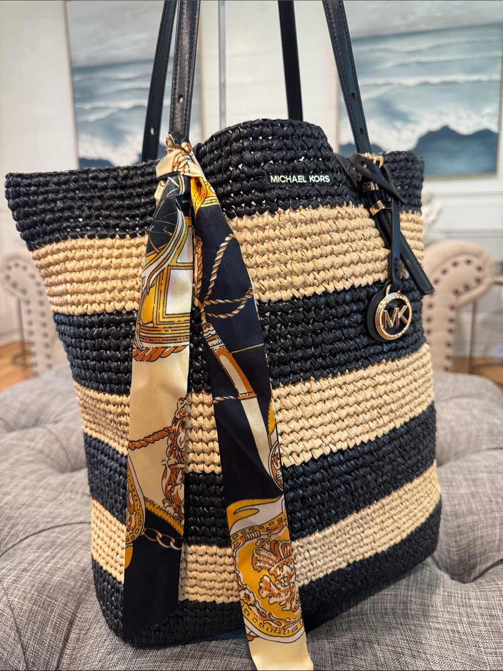 Michael Kors Bag Quinn Large Striped North South Crochet Woven Straw Beach Bag - Picture 3 of 17